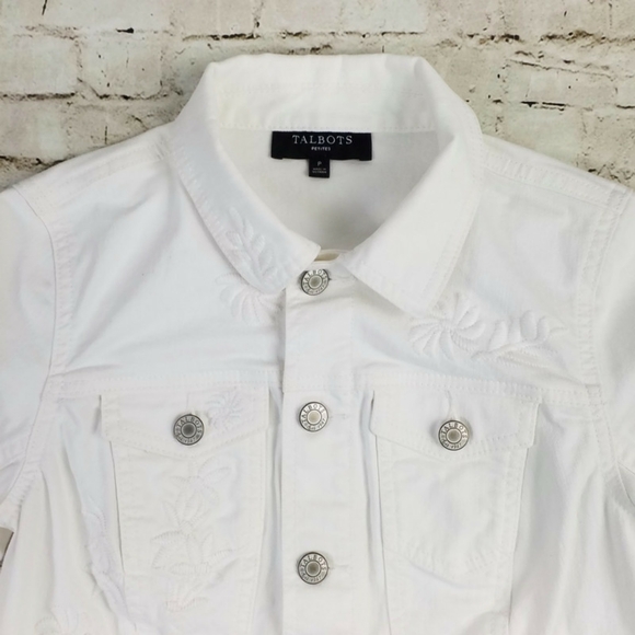 Talbots Button Front Long Sleeve Denim Jacket Women White Embroidered 0-2 Petite - Picture 2 of 16